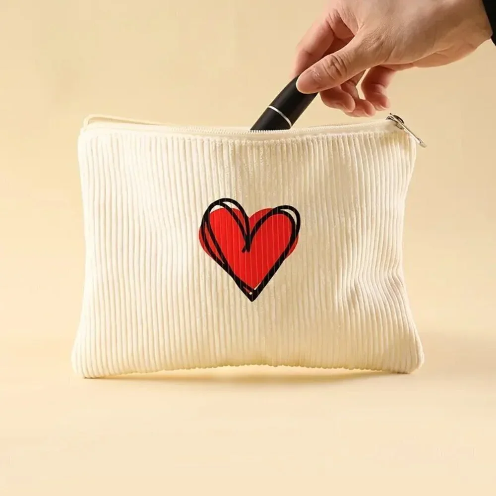 Red Love Print Corduroy Makeup Bag
